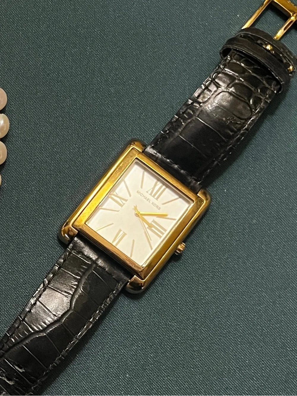 Michael Kors Gold-Tone Rectangular Watch with Black Strap - Picture 3 of 3